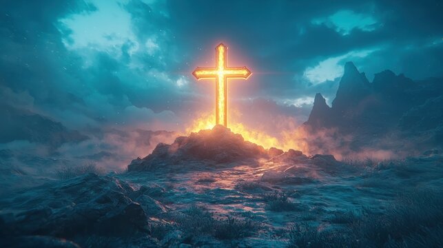 A glowing golden cross atop a rocky hill at twilight