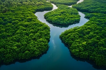 Aerial view of a winding mangrove forest with intricate waterways