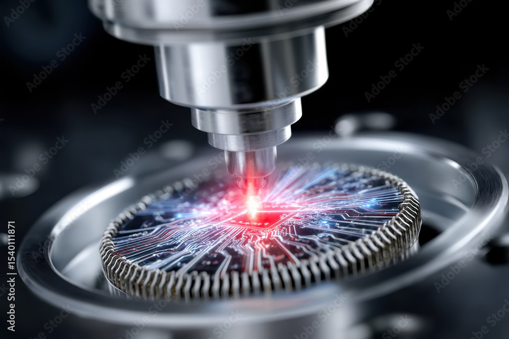 Aufkleber high precision laser engraving on a microchip circuit in a technology lab environment