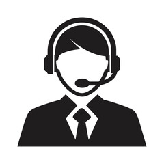 Businessman in suit with headset, a cartoon icon symbolizing a customer support representative call center agent with headset silhouette icon