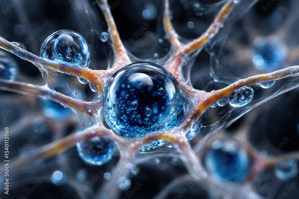 Poster close-up of neural connections with blue spheres and complex networks during cell interactions