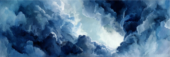 Vector illustration of dramatic blue cloudscape, watercolor painting, banner with dark and light contrast