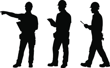 Three construction workers in silhouette with hard hats and equipment