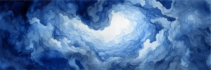 Vector illustration of dramatic blue cloudscape, watercolor painting, banner with dark and light contrast