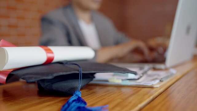 A person is sitting at a desk with a laptop and a graduation cap. The cap is on a table next to a graduation certificate