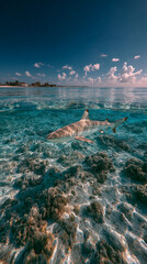 Obraz premium Split view of under the sea clear water can see shark swimming and skyline landscape view.