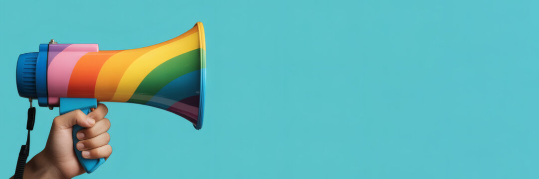 A confident hand holding a vibrant rainbow megaphone against a blue background, symbolizing amplified voices and powerful messages of pride and advocacy