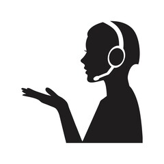 Silhouette of a woman with headphones listening to music, a black vector illustration of a person in profile call center agent with headset silhouette icon