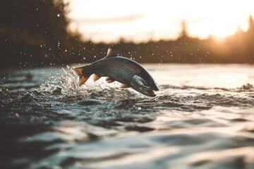 Obraz premium Salmon leaping in sunset river