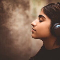 Fototapeta premium A girl wearing headphones is looking at the camera