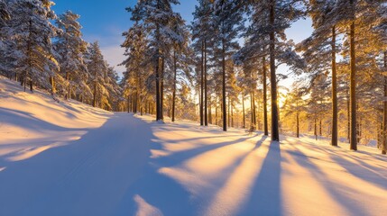 Serene winter landscape with snow-covered trees and golden sunlight casting long shadows