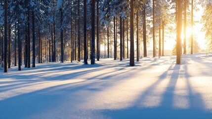 Serene winter landscape showcasing sunlit snow-covered forest at dawn with long shadows