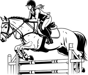 Equestrian Show Jumping vector liner art illustration