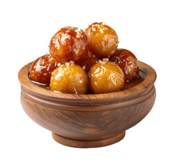 Golden Dessert Delight: A close-up shot showcases a delectable arrangement of glistening, syrup-drenched dessert balls, served in a rustic wooden bowl, tantalizing the senses.