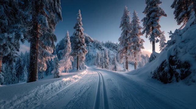 Scenic winter wonderland landscape with cross-country ski tracks and snow trees