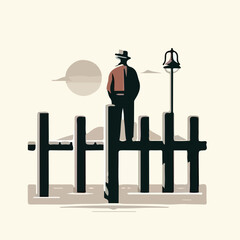 image of a man on the pier with a simple and minimalist flat design using a white background