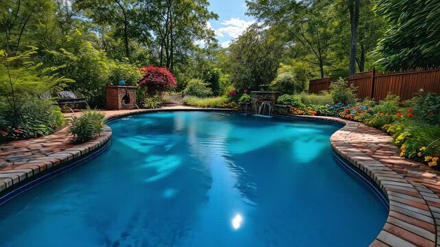 Serene backyard pool with lush greenery and vibrant flowers on a sunny day
