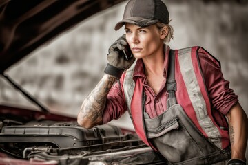 Woman in safety vest checks car engine while talking on phone for roadside assistance.