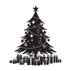 Christmas Tree Silhouette Vector Illustration with Gift Boxes and Star Decoration. Christmas tree png.