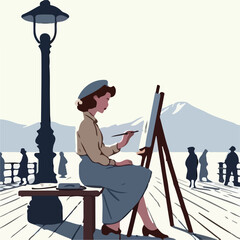 image of a woman painting on a pier with a simple and minimalist flat design using a white background