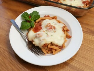 A plate of pasta with tomato sauce and melted cheese served with a fork and a garnish of basil leaves