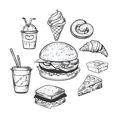 Assorted Fast Food Outline Collection - Vector Illustration