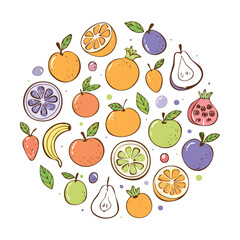 Colorful Fruit Mix Outline Drawing - Vector Illustration