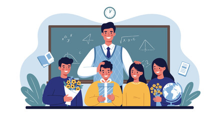 Vector illustration portrait of students giving gift to male teacher