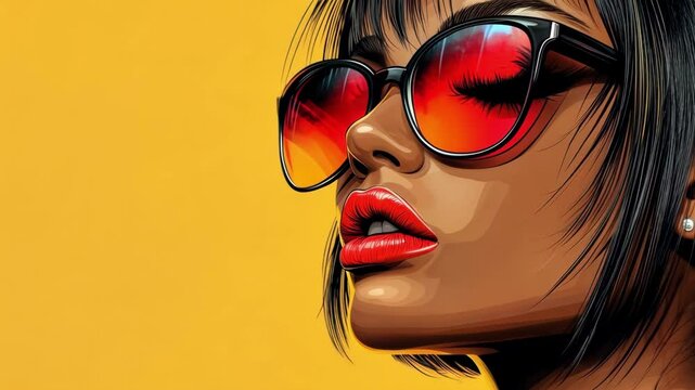Vibrant illustration of woman with sunglasses and red lips on yellow background. March 8, International Women's Day
