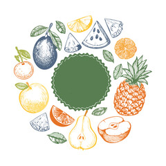 Outline Fresh Fruit Mix Drawing - Vector Illustration