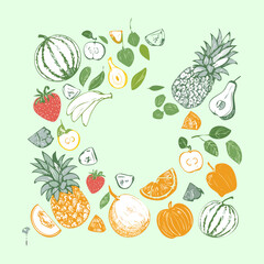 Fresh Fruit Mix Outline Drawing - Vector Illustration