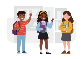 Cartoon vector illustration of smiling student greeting their friends