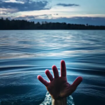 Hand Reaching Out of Water Against Scenic Background at Dusk