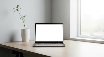 Modern Minimalist Workspace: Laptop Mockup with Blank Screen and Plant
