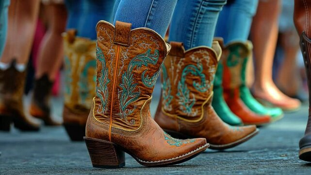 Line of western cowboy boots in dance formation at outdoor event