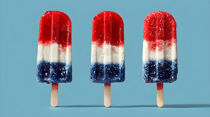 Three patriotic popsicles in red white and blue on a light blue background close up studio shot