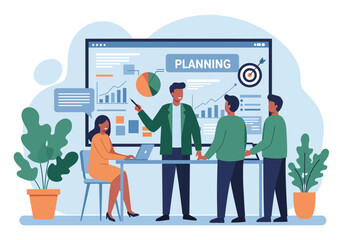 Vector illustration of a project manager presenting in front of his team, explaining future planning