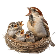 Adorable sparrows family in nest mother bird feeding babies wildlife photo on transparent background
