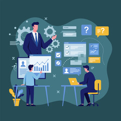 A flat vector illustration depicts a businessman with a laptop, symbolizing internet communication and data network technology