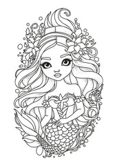 Portrait of a beautiful mermaid. Coloring book for children and adults. Illustration for coloring.