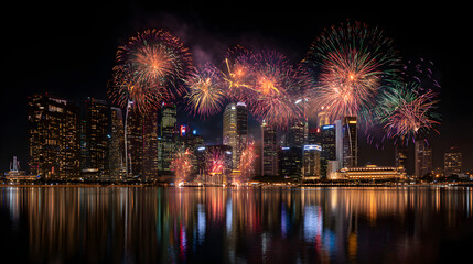 City skyline illuminated by fireworks reflecting in the water at night celebration event scene