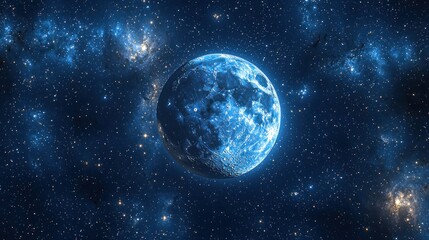 Fototapeta premium A vibrant blue planet, Earth-like, centered in a deep space filled with nebulae and stars