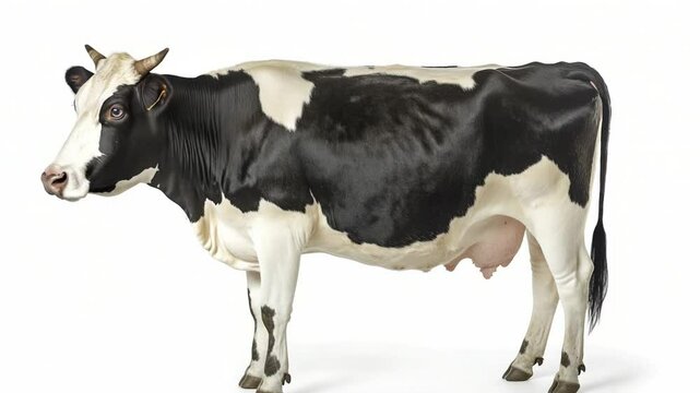 A black and white cow standing on a white surface.