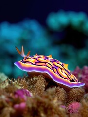 Vibrant underwater scene featuring a colorful nudibranch on a coral reef, showcasing marine life
