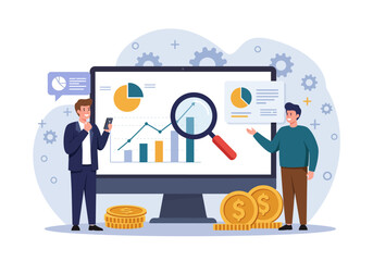 Businessman with computer, a concept design illustrating a person reviewing financial growth charts and market success presentation