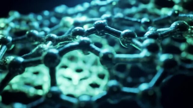 Close up shot of a complex molecular structure with blue and green lighting and dark background