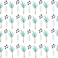 Seamless vector pattern with palm trees and berries, minimalist tropical design