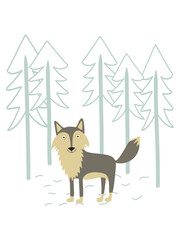 Cute wolf in pine forest, vector illustration for kids poster