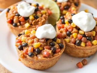 Fototapeta premium Close up of bean and corn filled pastry cups topped with sour cream on a white plate with lime slice