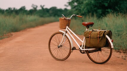 Fototapeta premium Vintage bicycle parked on a dirt road surrounded by greenery during sunset
